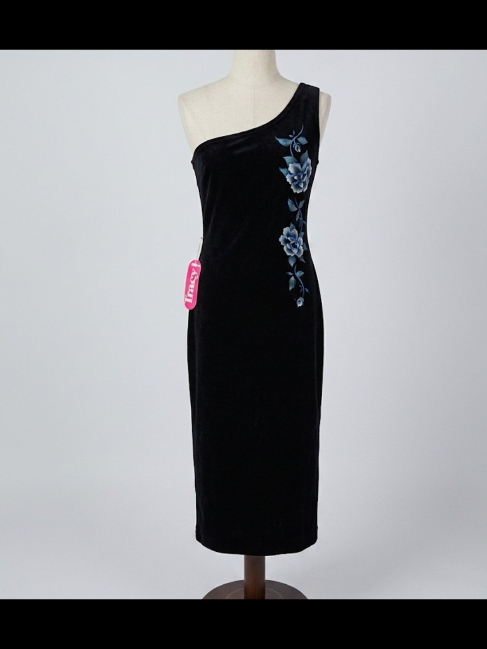 VTG 80s Tracy! One Shoulder Velour Floral Dress NWT Deadstock Asymmetrical 11